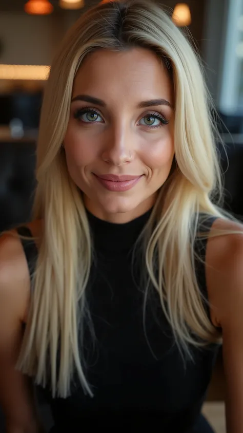 This is a beautiful closeup photograph of a woman, she has long straight blonde hair swept to one side and dark blue eyes. Wearing a form fitting black dress, Sitting in a cafe. Flirting at the viewer. Smile, Captured with a Sony A7R IV camera and a 50...
