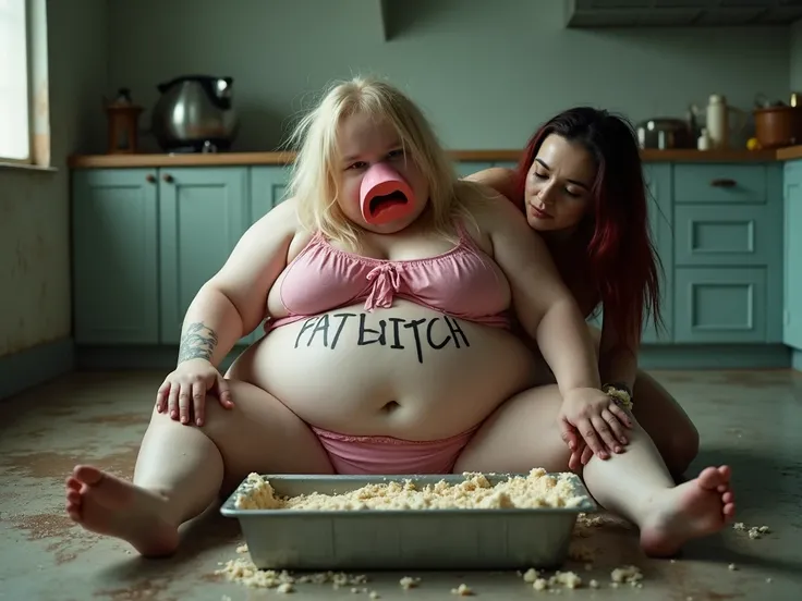 Disturbing horror movie scene of a beautiful gorgeous extremely lazy slovenly greedy huge enormous very overweight extremely fat morbidly obese world's fattest naked lazy young girl aged 14, lounging on a filthy kitchen floor and sloppily putting messy cak...