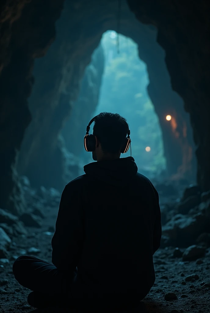 Man listening to music in dark cave. Distant, low lighting. Man thinking