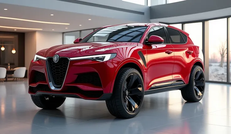 "An ultra-detailed 3D render of a modern 4x4  (Alfa Romeo )  with a bold and futuristic design. The Car  is painted in gleamy (red with a prominent logo on its front grille. It features a large, white, intricately detailed grille, black alloy wheels, and a...