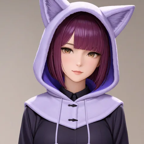 Woman with purple hair wearing a fox hood bob cut without bangs