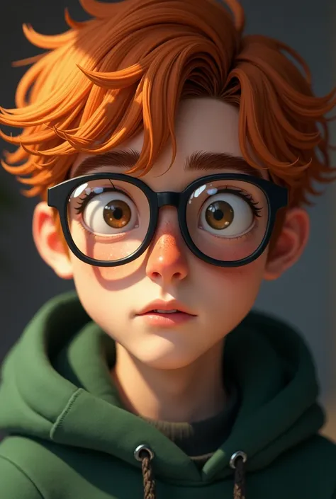 A handsome young man with short orange hair, hazel eyes and freckles, wearing black glasses with transparent lenses and a green sweater covering his neck, his features are close