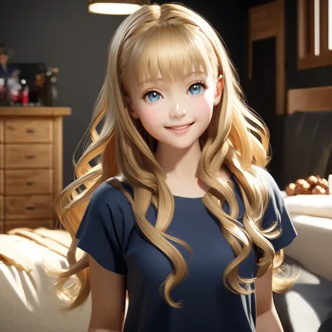 Blonde hair and blue eyed girl posing for a photo, walnut, front facing, realistic girl rendering, long wavy hair, smiling, Fate/Stay Night-like style, cute 3D girl rendering, woman The main character is in his room.