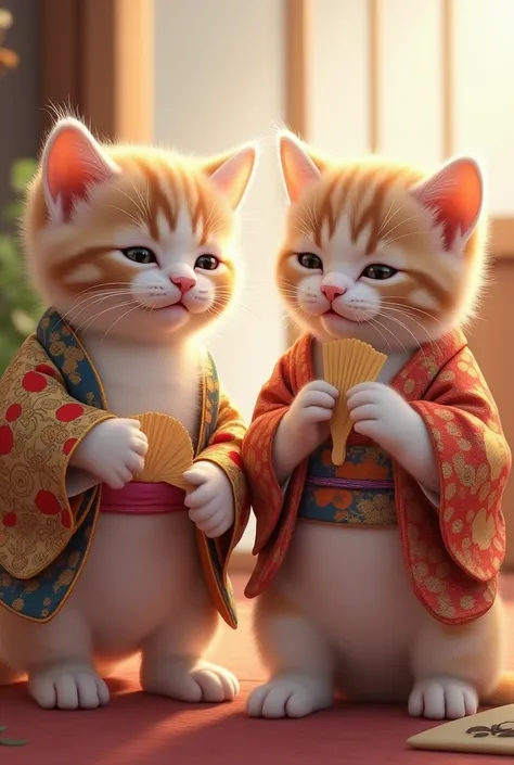 Real kitten。
Two kittens、Wearing a kimono、I'm holding a fan and laughing。
Real Cat。 no background。