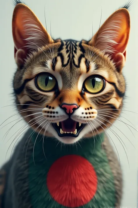 A Cat face with throat, with Bangladesh flag tattoo on his face