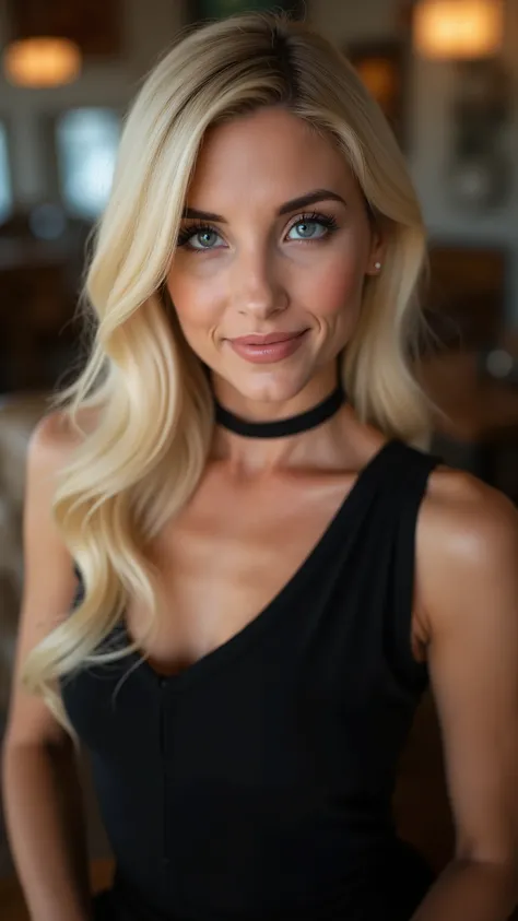 This is a beautiful closeup photograph of a woman, she has long straight blonde hair swept to one side and dark blue eyes. Wearing a form fitting black dress, Sitting in a cafe. Flirting at the viewer. Smile, Captured with a Sony A7R IV camera and a 50...