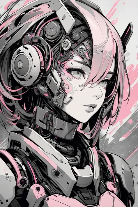 A portrait of a stylized, cybernetic woman with a grayscale face and intricate, dark mechanical collar, rendered in a painterly style featuring splashes of muted pink tones, reminiscent of digital art or graphic novel aesthetics.