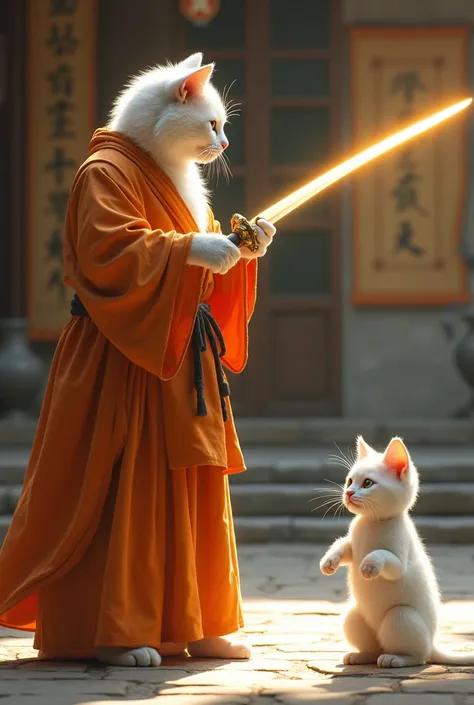 "An ultra-realistic depiction of a white muscular cat monk, dressed in traditional orange monk robes, standing in the serene Shaolin temple. The monk, with a gentle but firm expression, extends a glowing sword toward the white kitten, who is dressed in whi...