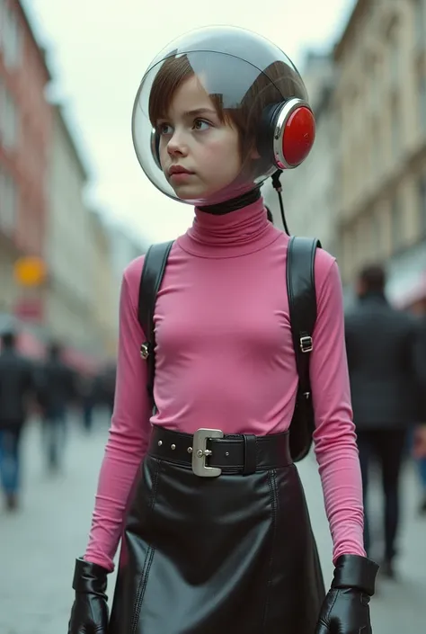 A beautiful, realistic looking a twelve year old girl has an extremely long neck. She wears a tight pink lycra turtleneck that covers her entire neck with a leather skirt, long leather gloves, and over-the-knee boots. On his head he wears a spherical glass...