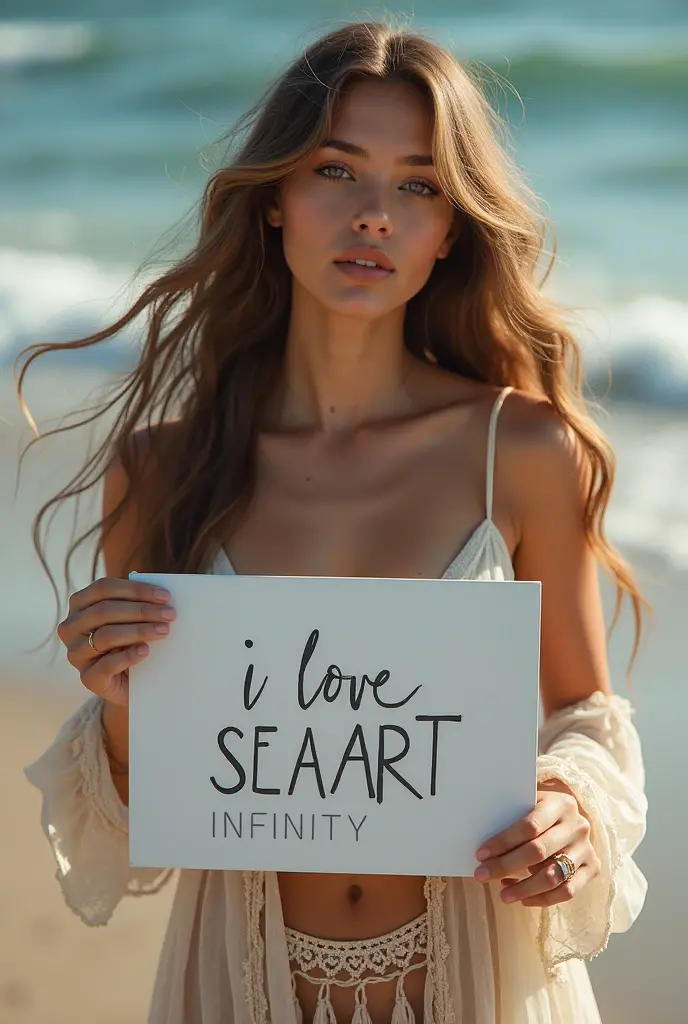 Then the imam of the mosque said to the rich man, "Whoever is proud, Allah will bring him down. And those who are humble, Allah will give them high status."
Beautiful girl with wavy long hair, bohemian dress, holding a white board with text "I Love Seaart ...