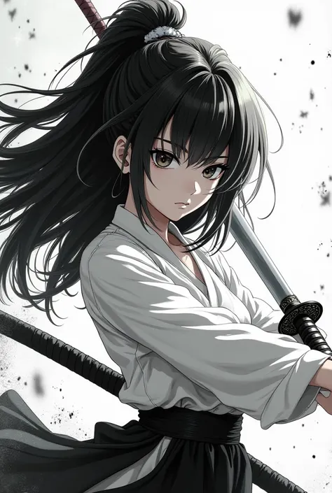 Black-and-white haired anime girl with a dragon ball manga style katana 