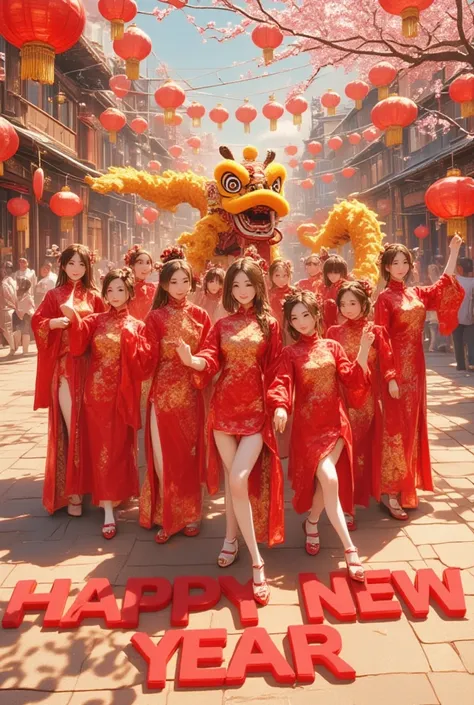 masterpiece, high quality, best quality, aesthetic, masterpiece, best quality, very beautiful, ridiculous, very detailed, a group of beautiful women wearing traditional red cheongsam celebrating the new year, surrounded by bright red spring couplets.
There...