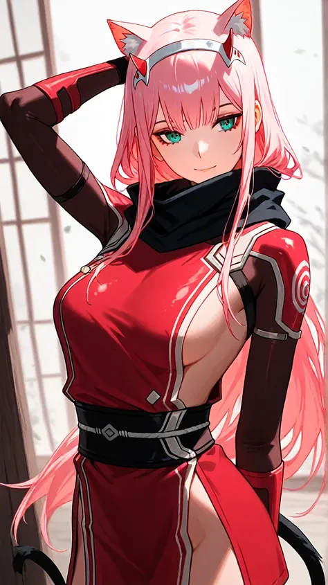 Waifus Zero two,  with cat's ears and tail, HD model,  long hair, wearing ninja clothing , sexy