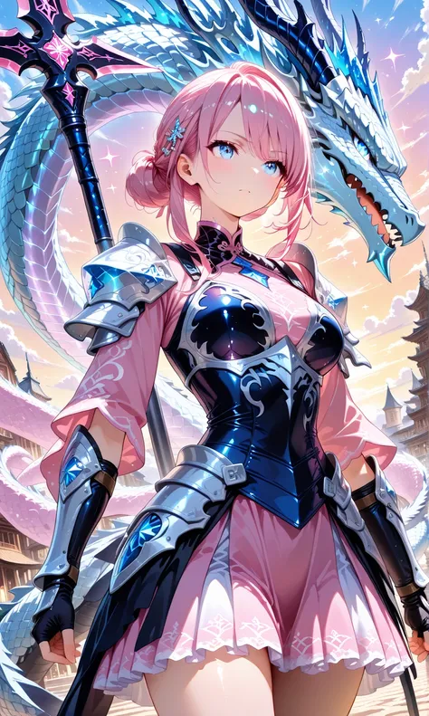 (Masterpiece,  more details, 8K Full HD,  very aesthetic )
(watercolor:0.5), ( pastel colors:0.5)
  Dragon Knight's girl standing at a cowboy shot angle  ,   pink highlights What is a flowing long black twin-tail acclaim in the wind  .  behind her is a gia...