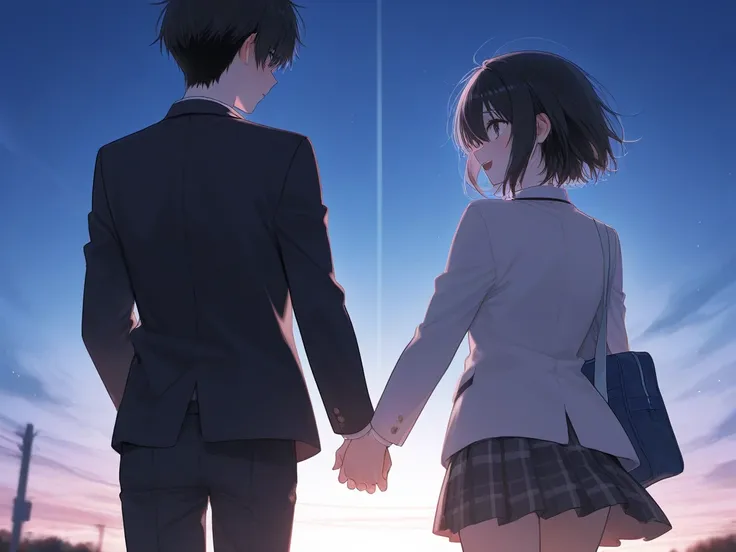 A neat high school girl with black hair and a handsome high school boy are holding hands