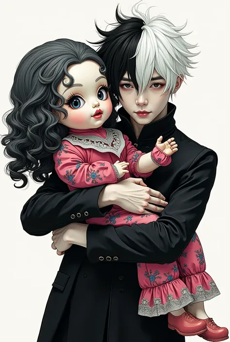 2D male with black and white hair hugging a large doll and wearing colorful black clothes