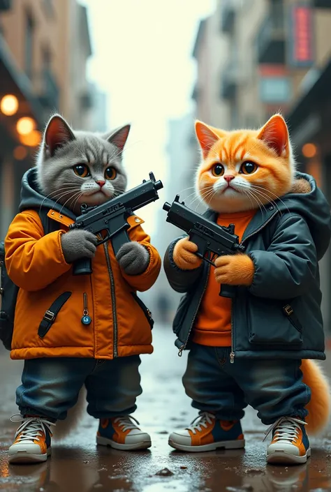 Two chubby cats wearing drip-style clothing with guns in their hands 