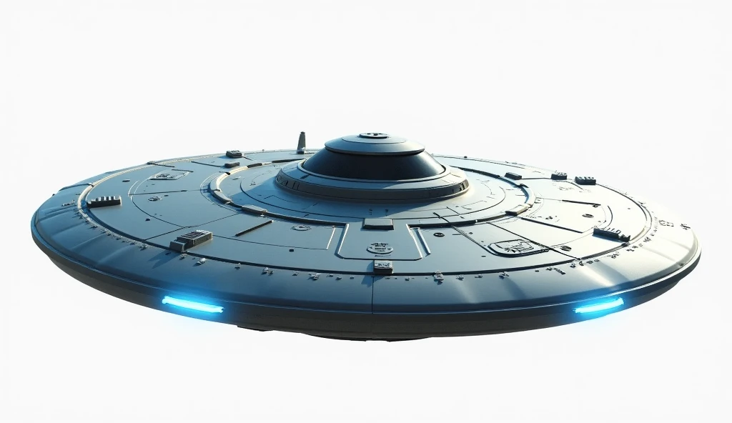 Futuristic flying saucer with blue lights, showcasing advanced extraterrestrial technology, isolated on transparent background