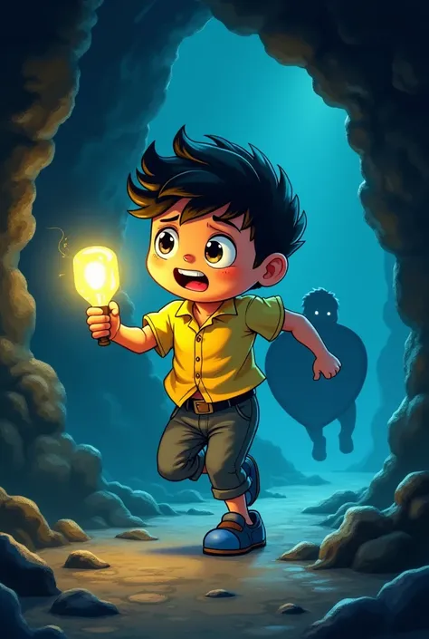 Fighting yellow cartoon boy holding a gem light in a cave the cave is glowing using a blue shield to protect himself 
His shirt yellow running from a shadow
Frightened 
His shirt is button down type of shirt 
Lines should be boldly outlined in black  