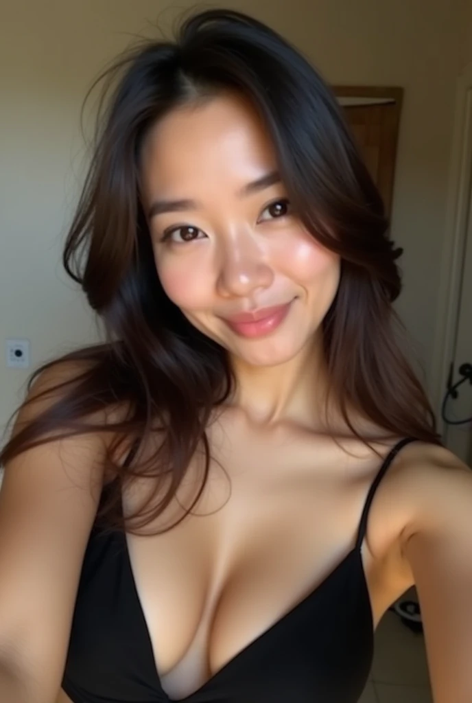 A selfie photo of a beautiful 25-year-old asian girl, wearing a black spaghetti strap dress, partially revealing her chest, with large breasts.