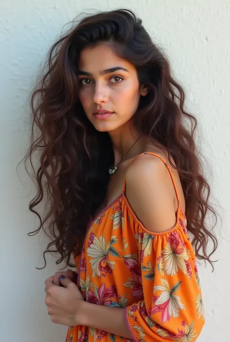 A young Adult Odia woman with long brown curly hair wearing a colorful, abstract printed dress standing in front of a white wall in romance with pankaj 