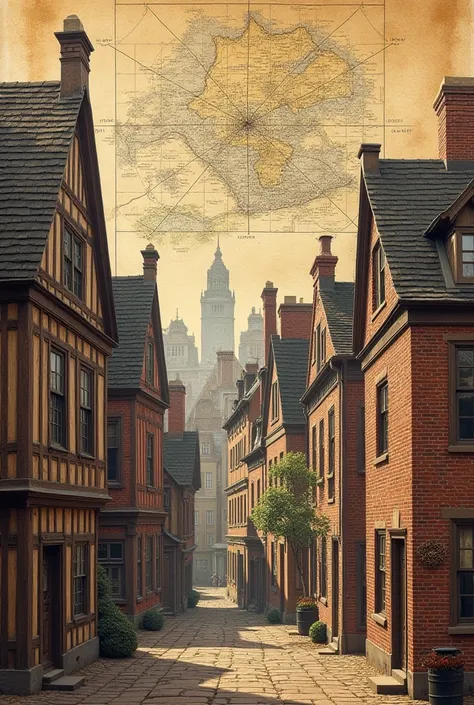 "A historical depiction of 17th and 18th-century New York City, featuring wooden Dutch houses with steep roofs and elegant Georgian-style brick buildings. The background includes an old map overlay of early New York settlements."
‎