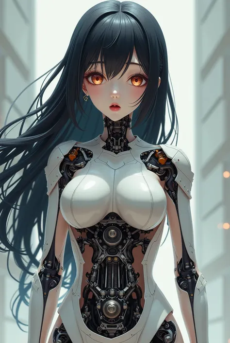 unfocused eyes open mouth nude big chest cute thin long black hair have pussy mechanical destroyed turn off ai anime robot girl is controled by a girl full appearance