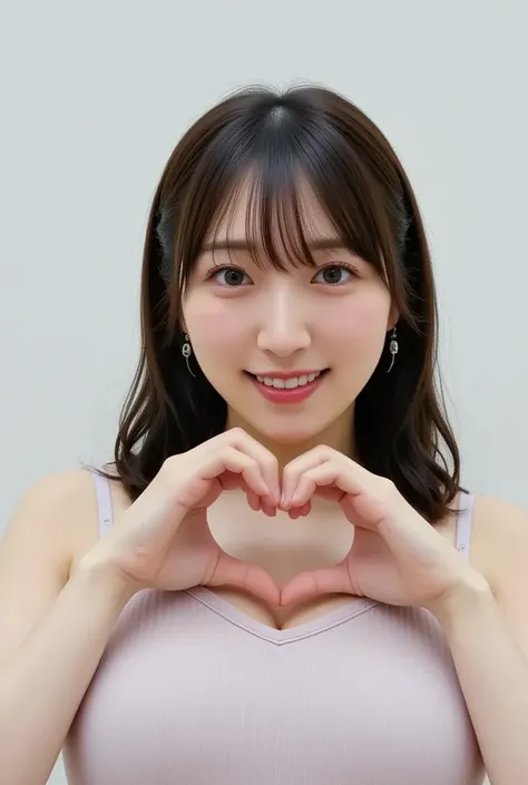  Super Fine、Picture of her face 、She smiles, I&#39;m wearing a camisole,  pose with your hands crossed in the shape of a heart in front of your chest、The background is Tokyo、    high definition 、細部にわたって   high definition 