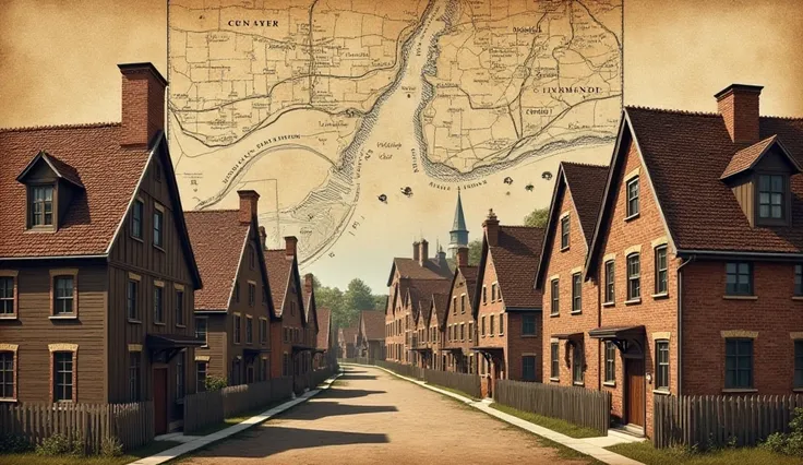 "A historical depiction of 17th and 18th-century New York City, featuring wooden Dutch houses with steep roofs and elegant Georgian-style brick buildings. The background includes an old map overlay of early New York settlements."
‎