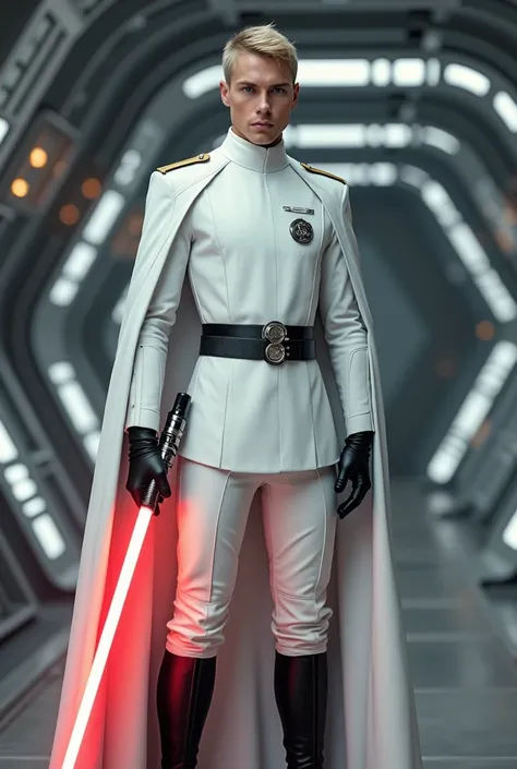 Portrait of a young caucasian man, 30 years old. Norwegian features, short blonde military haircut, blue eyes, wearing a White Star Wars imperial officer Uniform, no buttons, white tunic, white jodhpur pants, black boots, white cloak, Black gloves, standin...