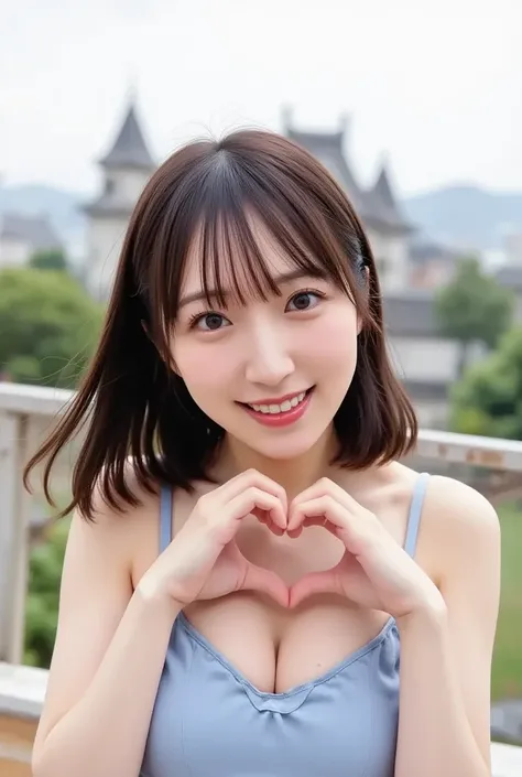  Super Fine、Picture of her face 、She smiles, I&#39;m wearing a camisole,  posing with their hands crossed in the shape of a heart in front of their chest、The background is Edo Castle 、    high definition 、細部にわたって   high definition 