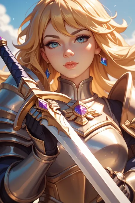 holy knight, Paladin, female, grandeur, 2d, golden hair, full armor,knight,female,holding sword, close up