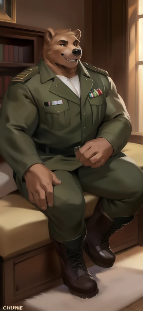  alone,  man big tall , Sitting inside ., in wardrobe , bear  ,black Green military Army uniform ,  wearing boots ,  heavy overload,  muscle,  smiley , by chunie 