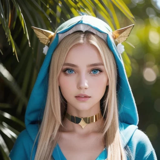 (Masterpiece,  best quality ),   complicated details,,  1 girl in the bush,     mouth,  multi-colored hair , blue eyes,  shark headdress  ,  golden hair ornament ,  gold choker ,  gold bracelet,  keen teeth, Green,  blue hoodie,,  Greek clothing, Peplos,