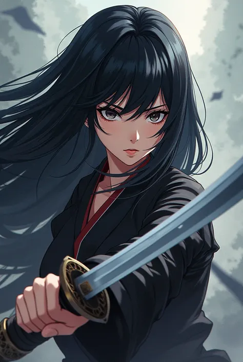 Black-haired anime girl with a Saturu Gojo style katana 