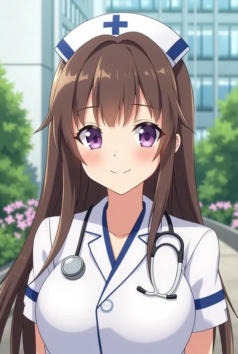  Screenshot from the Jinx Webtoon , Girl with straight brown and long hair , with bangs.  You have purple eyes and a cheerful expression .  She's wearing a nurse's uniform and in the background a hospital garden with flowers and shrubs. 