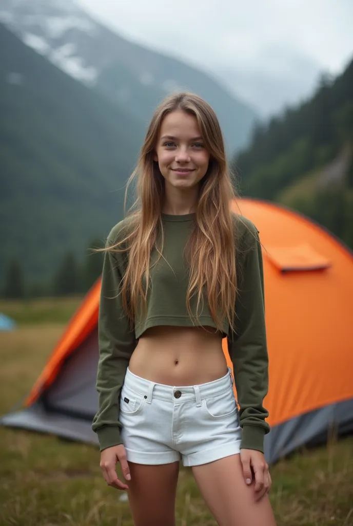 a young British girl, appears to be aged 16, weight less than 40kg, long hair, light skin,good quality, sexy photo of a girl camping in the mountains, (wearing a cropped long-sleeved shirt, wearing white dolphin shorts)), navel, Hiking clothing, walking bo...