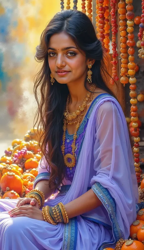 Create a watercolor-style portrait of a young woman with striking lynx-like eyes, sitting gracefully and selling handmade ornaments. She is adorned in traditional Indian attire with shades of lavender, blue, and white, exuding an air of elegance and charm....