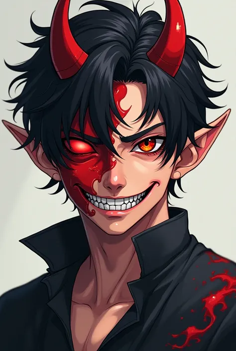 Half human half devil face only ,male,age 23,anime style
