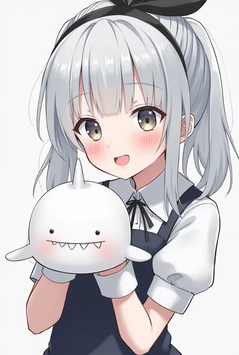 Gray Hair，There are 2 vertical black lines on the bangs 、avatar， There is a cute white whale ，JK Uniform， anime style ，Hats are prohibited， The headdress is a black ribbon ， clothes are mostly casual wear