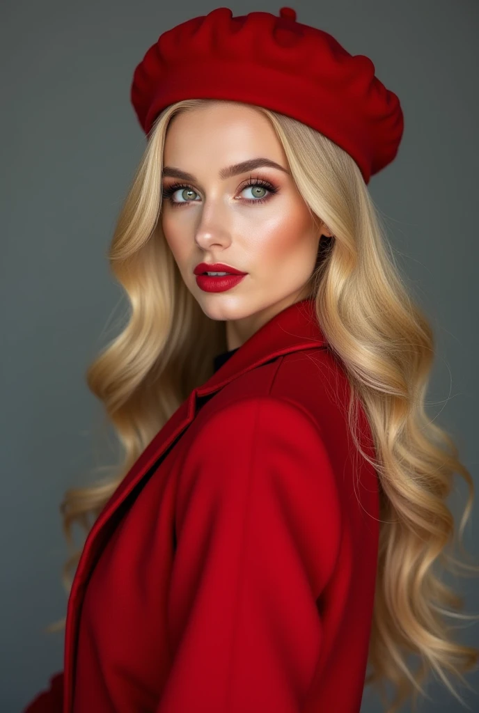  real image, 3D image, Russian model with long golden blonde hair and elegant waves ,  upturned nose ,  beautiful woman ,  PIEL BLANCA ,  honey-colored eyes,  beautiful makeup  ,  Red lips,   wearing an elegant red beret with an elegant red jacket ,  gray ...