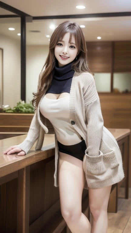 (((Open legs:1.5))), floppy smile, ((( Turtleneck Sweater 、 yarn cardigan ))), (((Masterpiece,  high resolution,  High Quality , delicate, Ultra- high resolution, 8k)))  1 woman,    Beautiful Legs, sunlight, Winter clothes, Nogizaka Idol、Korean Idol、 Big B...