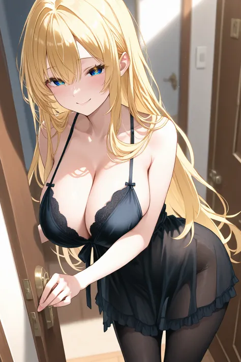 １woman　Age 35　 in front of the bedroom door 　wave perm long hair　 Golden Hair 　Azure Eyes　Narrow eyes　Inviting eyes　 enchantment　smile　Big Breasts　Black negligee　 black pantyhose　　