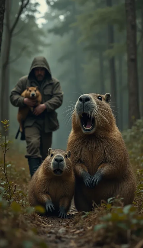 "An emotional scene featuring an adult capybara crying with its mouth open, expressing distress and sadness. Beside it, a hunter is depicted carrying away its crying baby capybara. The hunter is dressed in rugged, outdoor clothing, with a somber and tense ...