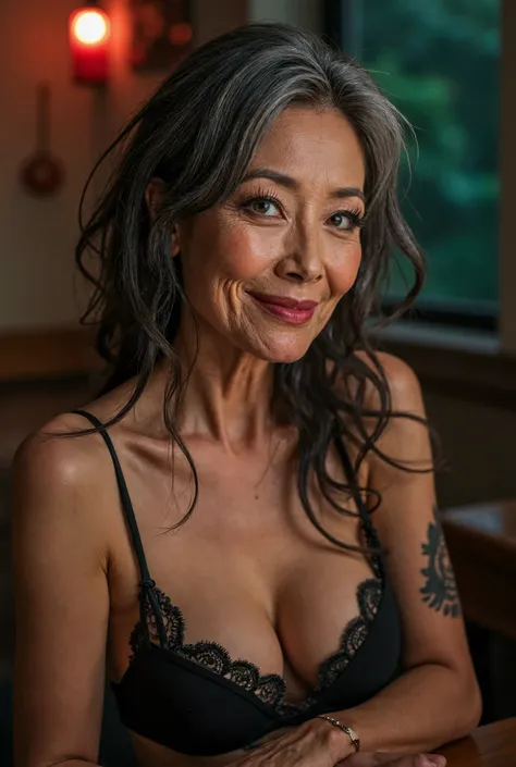 Detail Tweaker LoRA、  photorealistic、 full body image 、Japanese 60-year-old charismatic old prostitute with super heavy makeup、Wedding Rings、Happy Smile、 rough skin with fine wrinkles, freckles, and moles、 damaged gray hair 、Petite and poor body 、Completel...