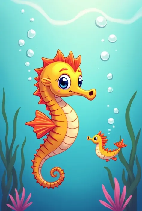 cartoon illustration of little seahorse swimming with family