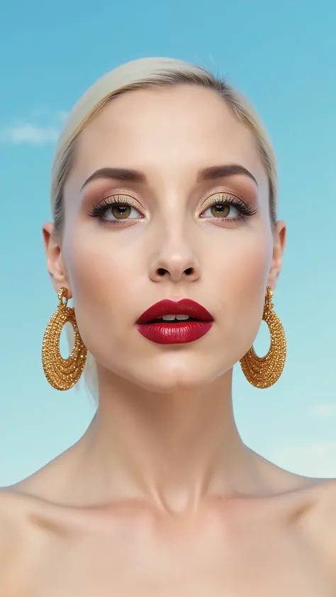 A hyper-detailed, avant-garde facing forward shot photograph featuring a striking woman with pale light skin against a clear, light blue sky. Her nude high-angle mid shot highlights the smooth texture of her flawless complexion. Shimmering metallic eyeshad...