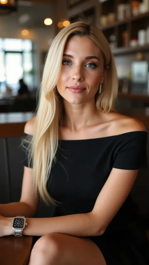 This is a beautiful closeup photograph of a woman, she has long straight blonde hair and dark blue eyes. Wearing a form fitting boatneck dress, Sitting in a cafe. Flirting at the viewer. Smile, Captured with a Sony A7R IV camera and a 50mm f/1.2 G Mast...