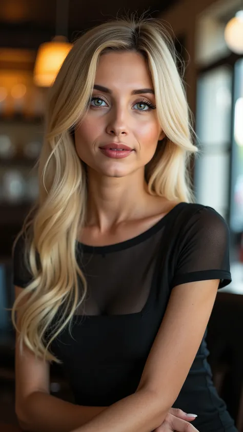 This is a beautiful closeup photograph of a woman, she has long straight blonde hair and dark blue eyes. Wearing a form fitting boatneck dress, Sitting in a cafe. Flirting at the viewer. Smile, Captured with a Sony A7R IV camera and a 50mm f/1.2 G Mast...