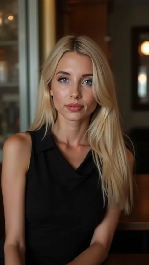 This is a beautiful closeup photograph of a woman, she has long straight blonde hair swept to one side and dark blue eyes. Wearing a form fitting black dress, Sitting in a cafe. Flirting at the viewer. Smile, Captured with a Sony A7R IV camera and a 50...